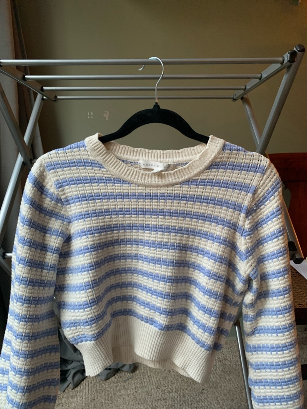 Altar'd State Cream & Light Blue Striped Crewneck Sweater